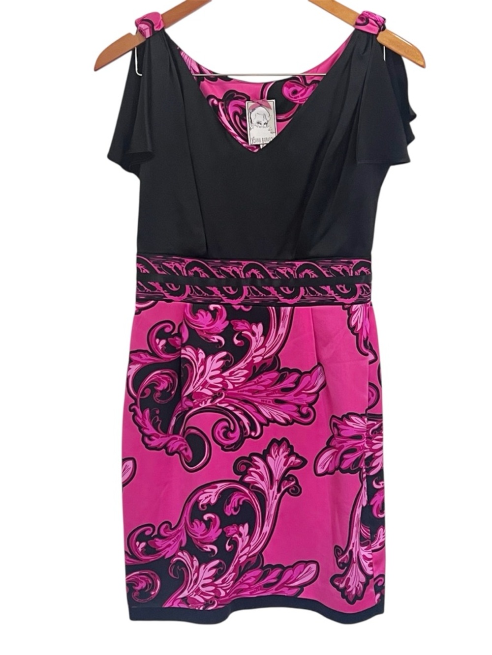 NWT Yoana Baraschi Hot Pink Black Paisley V neck Silk Sheath Dress